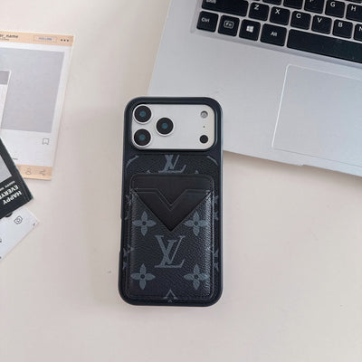 Black Monogram Leather iPhone Case with V-Pocket Card Slot