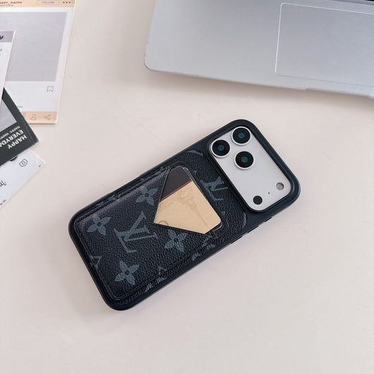 Black Monogram Leather iPhone Case with V-Pocket Card Slot