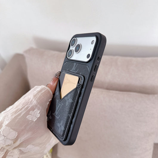 Black Monogram Leather iPhone Case with V-Pocket Card Slot