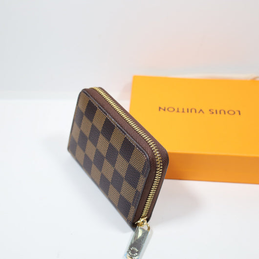 LV Leather Wallet Zipper Brown Checkered