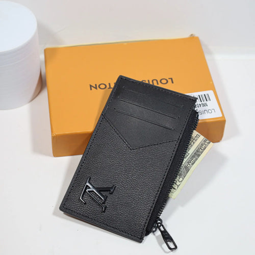 Louis Vuitton Credit Card Wallet Black Leather Zipper