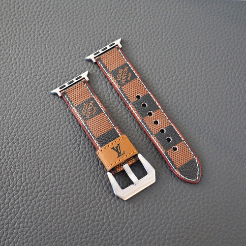 Brown Checkered LV Leather Design Apple Watch Band