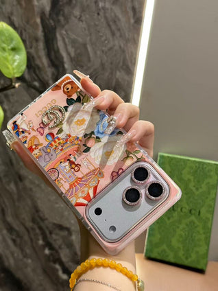 Pink Floral Carousel iPhone Case with Crystal Charm & Rhinestone Lens